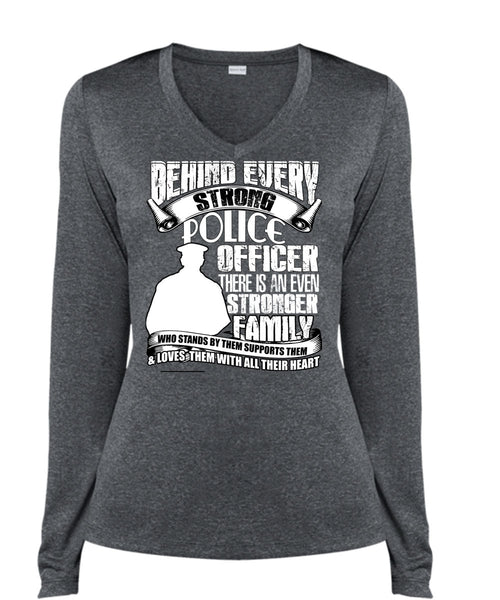 Strong Police Officer T Shirt, Stronger Family T Shirt, Cool Shirt (Ladies LS Heather V-Neck)