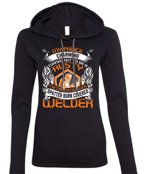Spatter Burn Covered Welder T Shirt, I Love Welding T Shirt (Anvil Ladies Ringspun Hooded)