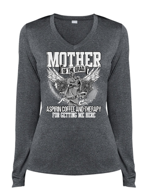 Mother Of The Grad T Shirt, Coffee And Therapy T Shirt, Cool Shirt (Ladies LS Heather V-Neck)
