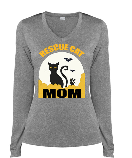 Rescue Cat Mom T Shirt, My Favorite T Shirt, Cool Shirt (Ladies LS Heather V-Neck)