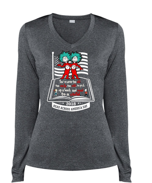 The Cat in the Hat T Shirt, Book And Read To A Child T Shirt, You're Never Too Old T Shirt, Cool Shirt (Ladies LS Heather V-Neck)