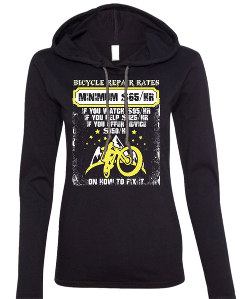 Bicycle Repair Rates T Shirt, Minimum $65/Hr T Shirt (Anvil Ladies Ringspun Hooded)