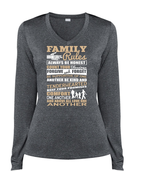 Family Rules T Shirt, Forgive And Forget T Shirt, Cool Shirt (Ladies LS Heather V-Neck)