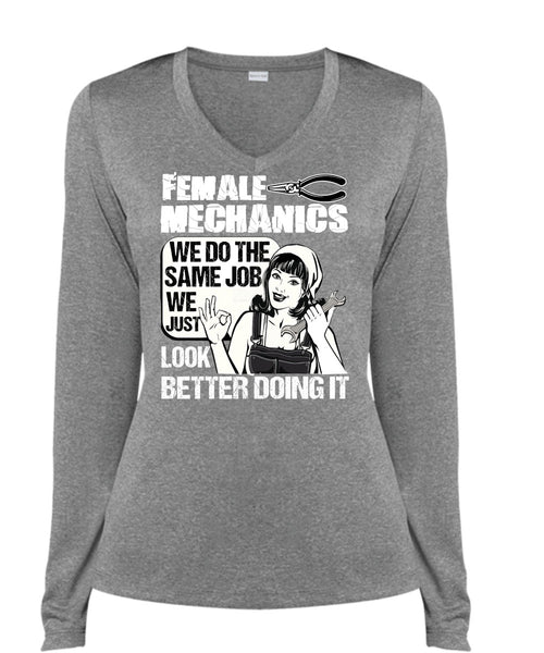Female Mechanics T Shirt, Being A Mechanic T Shirt, Cool Shirt (Ladies LS Heather V-Neck)