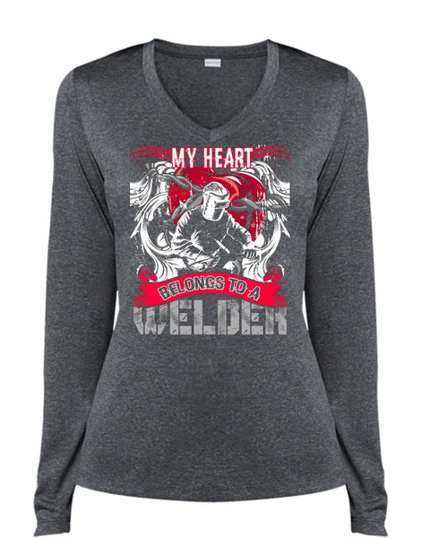 My Heart Belongs To A Welder T Shirt, Being A Welder T Shirt, Cool Shirt (Ladies LS Heather V-Neck)