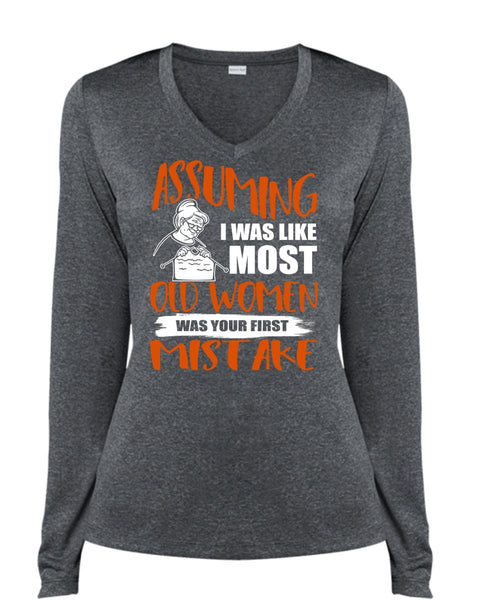 I Was Like Most Old Women T Shirt, Being A Knitter T Shirt, Cool Shirt (Ladies LS Heather V-Neck)