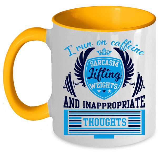 Lifting Weights Coffee Mug, I Run On Caffeine Sarcasm Accent Mug