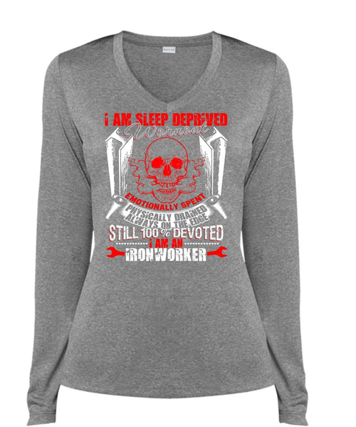 I Am An Ironworker T Shirt, Sleep Deprived Worn Out T Shirt, Cool Shirt (Ladies LS Heather V-Neck)