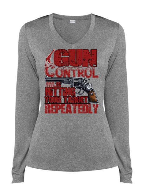 Gun Control Is Hitting T Shirt, Being A Veteran T Shirt, Cool Shirt (Ladies LS Heather V-Neck)