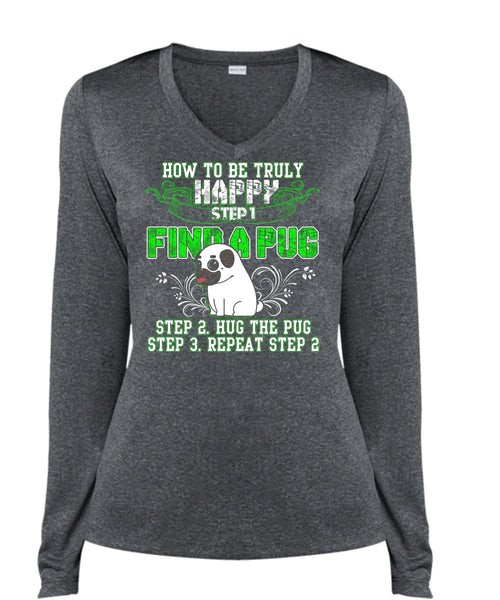 Find A Pug T Shirt, Hug The Pug T Shirt, Cool Shirt (Ladies LS Heather V-Neck)