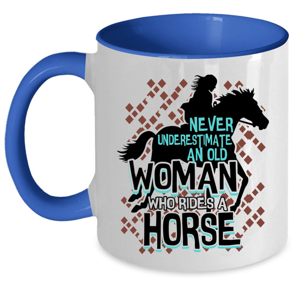 Cute Old Equestrian Coffee Mug, An Old Woman Rides A Horse Accent Mug