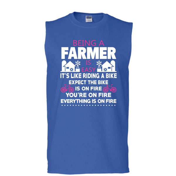 Being A Farmer Is Easy T Shirt, It's Like Riding A Bike T Shirt, Cool T Shirt (Men's Cotton Sleeveless)