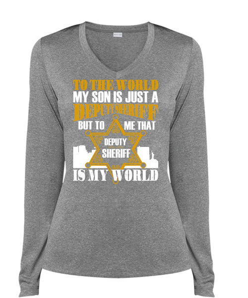 To The World My Son T Shirt, Being A Son T Shirt, Cool Shirt (Ladies LS Heather V-Neck)