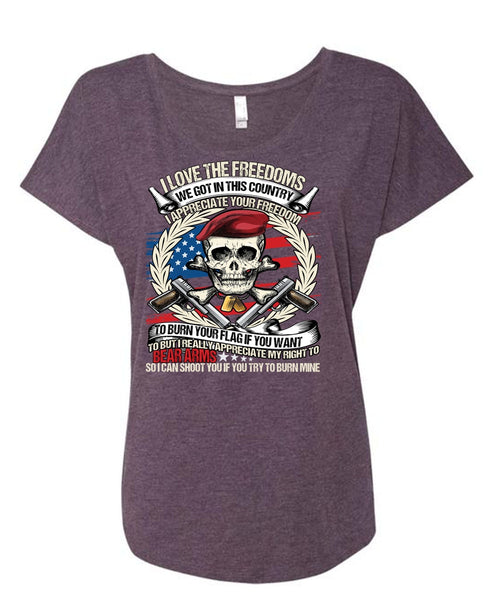 I Love The Freedoms T Shirt, Being A Veteran T Shirt, Cool Shirt (Ladies' Triblend Dolman Sleeve)