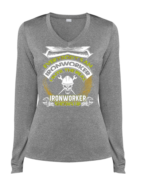 Ironworker Shows Up T Shirt, I Love Ironworker T Shirt, Cool Shirt (Ladies LS Heather V-Neck)