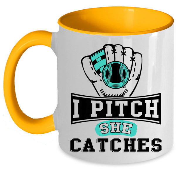 Cool Softball Coffee Mug, I Pitch She Catches Accent Mug