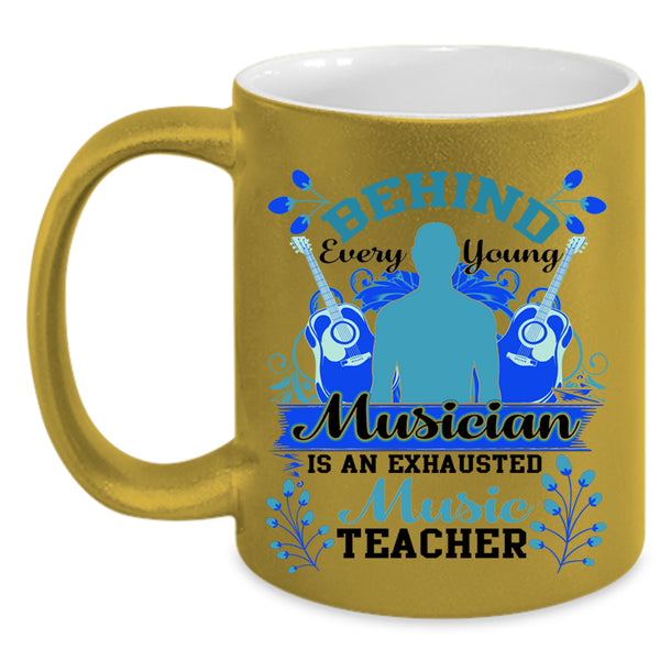 Exhausted Music Teacher Coffee Mug, Behind Every Young Musician Accent Mug