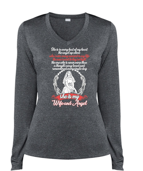 She Is My Wife And Angel T Shirt, Beat Of My Heart T Shirt, Cool Shirt (Ladies LS Heather V-Neck)