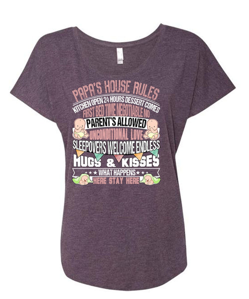 Papa's House Rules T Shirt, Hugs And Kisses T Shirt, Cool Shirt (Ladies' Triblend Dolman Sleeve)
