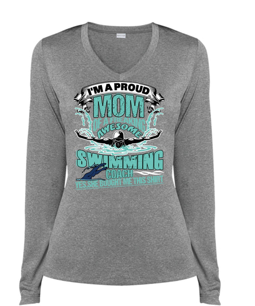 I'm A Proud Mom T Shirt, Awesome Swimming Coach T Shirt, Cool Shirt (Ladies LS Heather V-Neck)