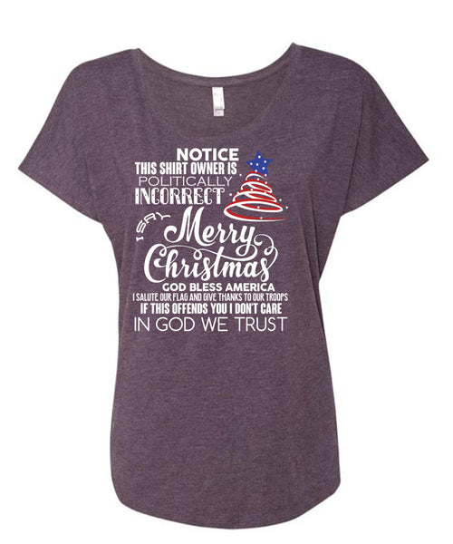 Merry Christmas T Shirt, God Bless America T Shirt, Cool Shirt (Ladies' Triblend Dolman Sleeve)