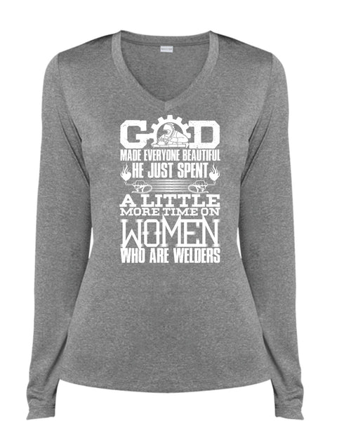 Women Who Are Welders T Shirt, God Made Everyone Beautiful T Shirt, Cool Shirt (Ladies LS Heather V-Neck)