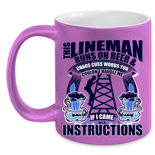 Awesome Linemans Coffee Mug, This Lineman Runs On Beer Accent Mug