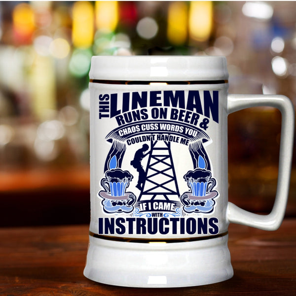 Awesome Linemans Beer Stein 22oz, This Lineman Runs On Beer Beer Mug