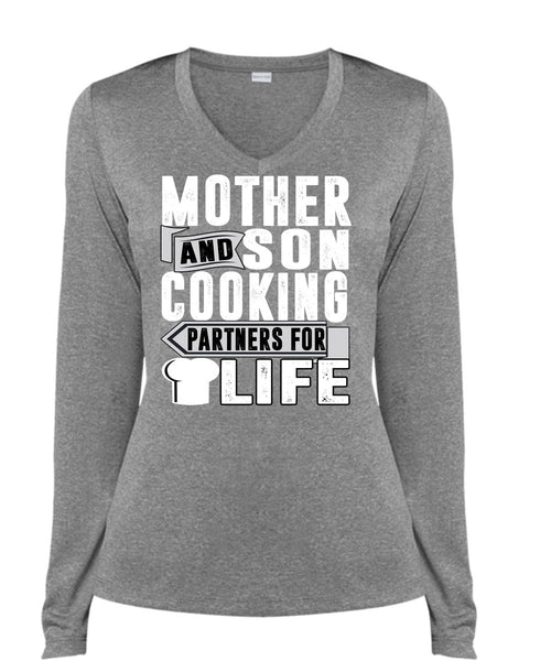 Mother And Son Cooking T Shirt, Partners For Life T Shirt, Cool Shirt (Ladies LS Heather V-Neck)