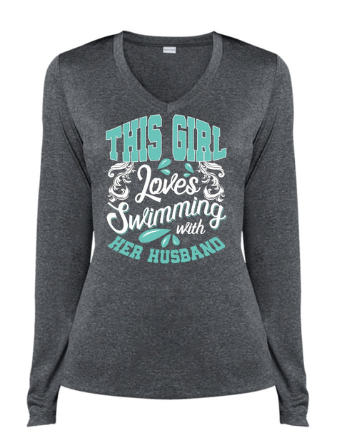 This Girl Loves Swimming With Her Husband T Shirt, Being A Swimmer T Shirt, Cool Shirt (Ladies LS Heather V-Neck)