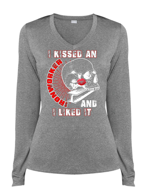I Kissed An Ironworker T Shirt, I Liked It T Shirt, Cool Shirt (Ladies LS Heather V-Neck)