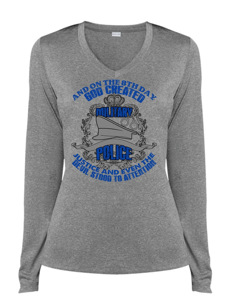 God Created Military Police T Shirt, Being A Police T Shirt, Cool Shirt (Ladies LS Heather V-Neck)