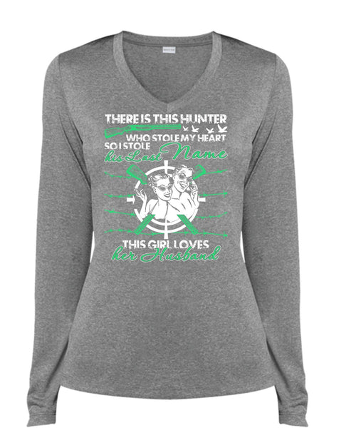 There Is This Hunter T Shirt, This Girl Loves Her Husband T Shirt, Cool Shirt (Ladies LS Heather V-Neck)