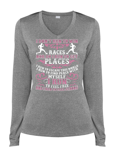 I Run To Feel Free T Shirt, I Run To Feel Strong T Shirt, Cool Shirt (Ladies LS Heather V-Neck)