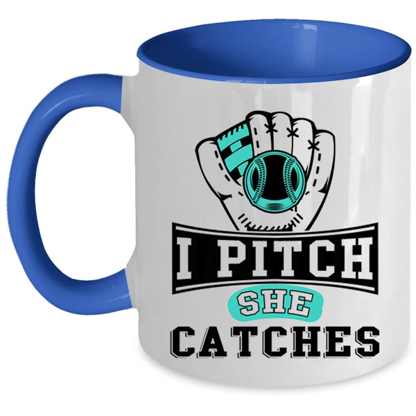 Awesome Softball Player Coffee Mug, I Pitch She Catches Accent Mug