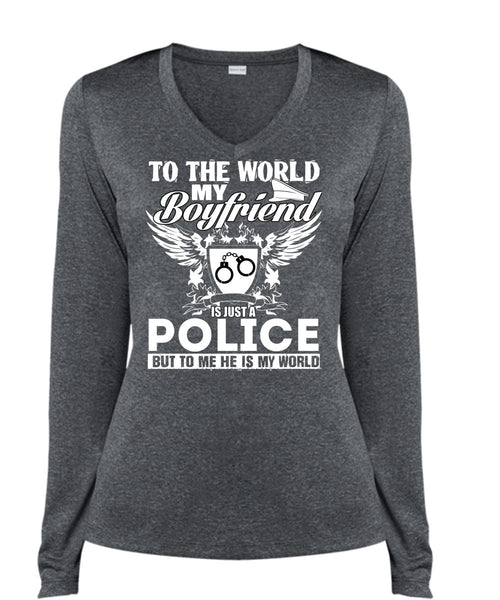 My Boyfriend Is Just A Police T Shirt, Being A Police T Shirt, Cool Shirt (Ladies LS Heather V-Neck)