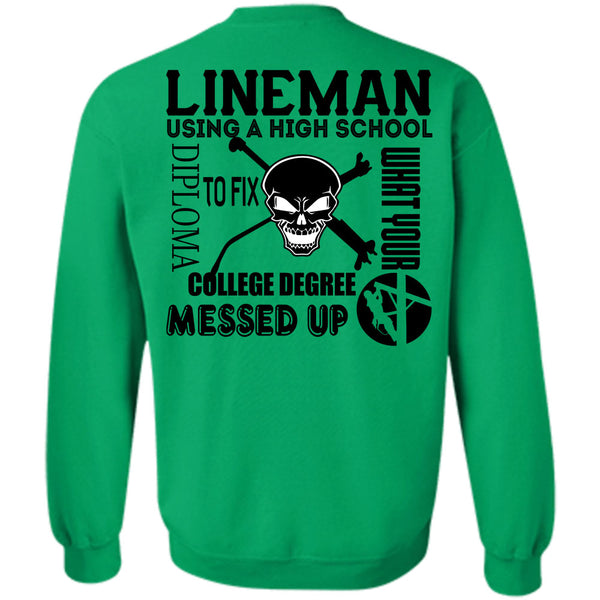Being A Linemen T Shirt, Lineman Using A High School To Fix College Degree Sweatshirt