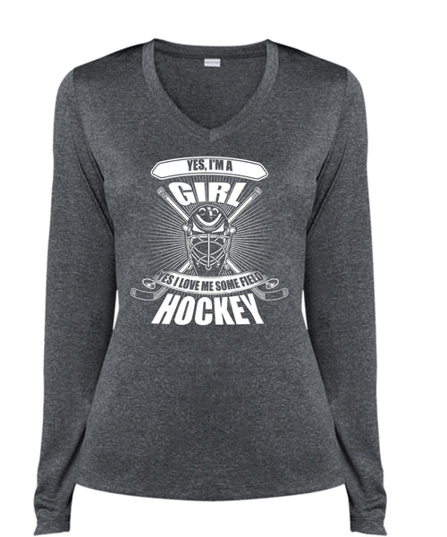I'm A Girl T Shirt, I Love Me Some Field Hockey T Shirt, Cool Shirt (Ladies LS Heather V-Neck)