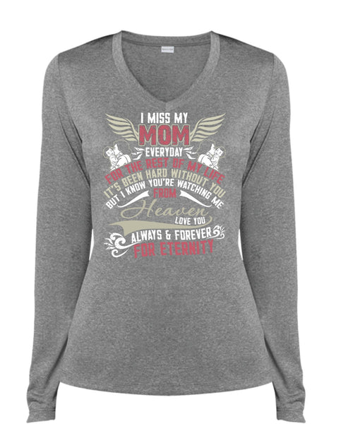 I Miss My Mom T Shirt, Watching Me From Heaven T Shirt, Cool Shirt (Ladies LS Heather V-Neck)
