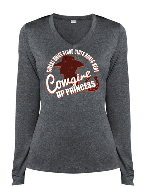 Heal Cowgirls Up Princess T Shirt, Sweat Dries Blood Clots Bones T Shirt, Cool Shirt (Ladies LS Heather V-Neck)
