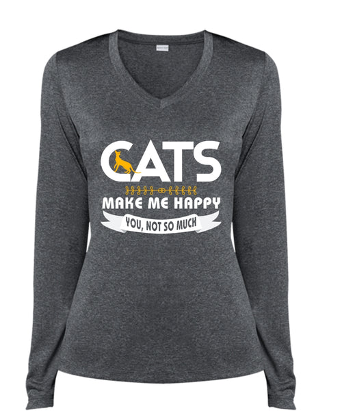 Cat Make Me Happy T Shirt, I Love Cat T Shirt, My Pets T Shirt (Ladies LS Heather V-Neck)