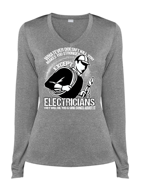 Stronger Except Electricians T Shirt, Being An Electrician T Shirt, Cool Shirt (Ladies LS Heather V-Neck)