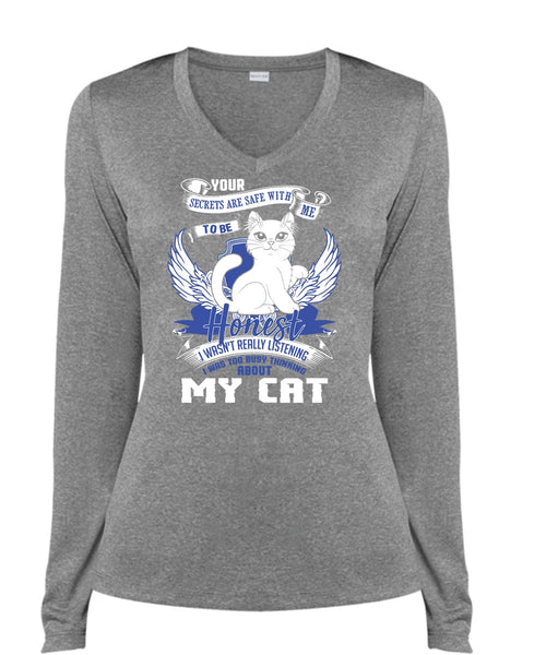 I Was Too Busy Thinking About My Cat T Shirt, My Favorite T Shirt, Cool Shirt (Ladies LS Heather V-Neck)