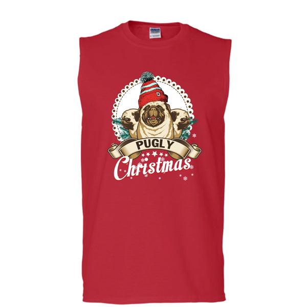 Pugly Christmas T Shirt, Coolest Pug Tank Top (Men's Cotton Sleeveless)