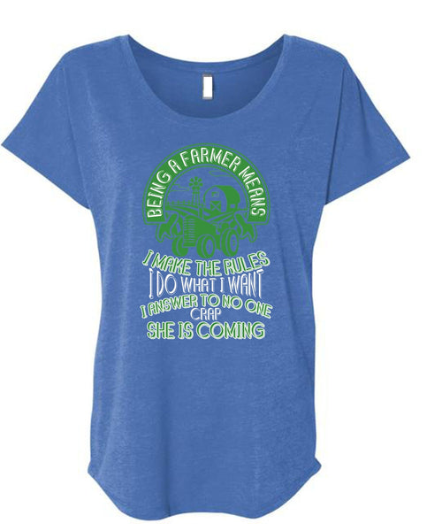 Being A Farmer Means T Shirt, I Answer To No One Crap T Shirt, Cool Shirt (Ladies' Triblend Dolman Sleeve)