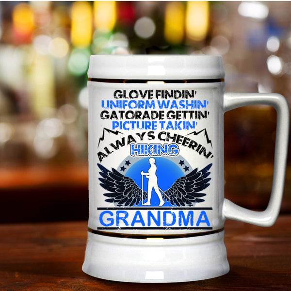 Always Cheering Hiking Grandma Beer Stein 22oz, Glove Finding Picture Taking Beer Mug