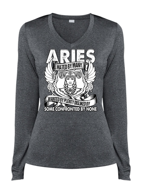 Aries Hated By Many Wanted T Shirt, Being An Aries T Shirt, Cool Shirt (Ladies LS Heather V-Neck)