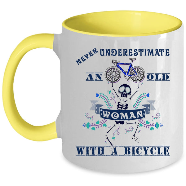 Funny Bicycles Coffee Mug, An Old Woman With A Bicycle Accent Mug