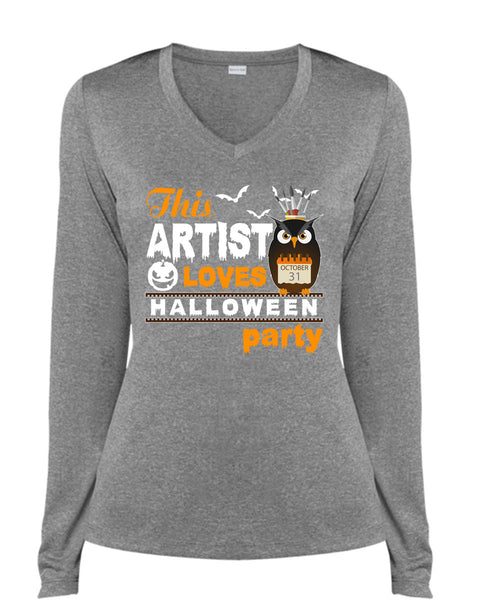 This Artist Loves Halloween Party T Shirt, I Love You Pumpkin T Shirt, Cool Shirt (Ladies LS Heather V-Neck)