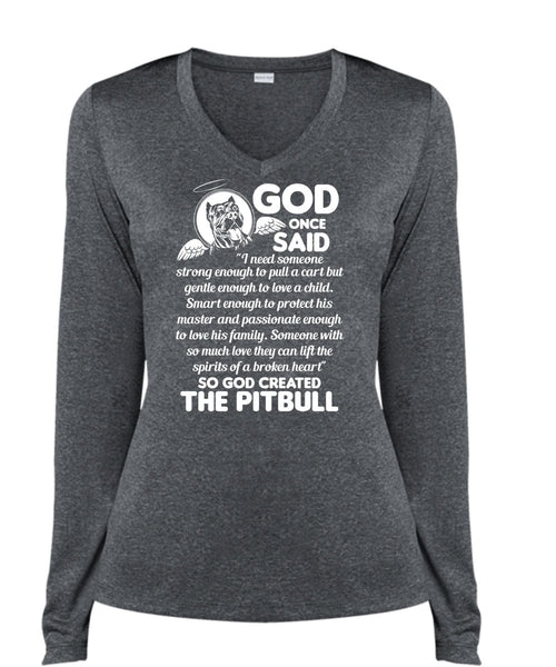 God Created The Pit Bull T Shirt, Smart Enough To Protect T Shirt, Cool Shirt (Ladies LS Heather V-Neck)